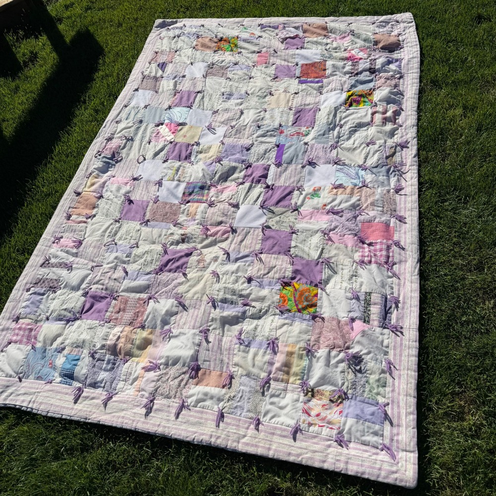 A+ Handmade Patchwork Tie Quilt Purple Lavender White Floral Scrappy 60x91 Throw
